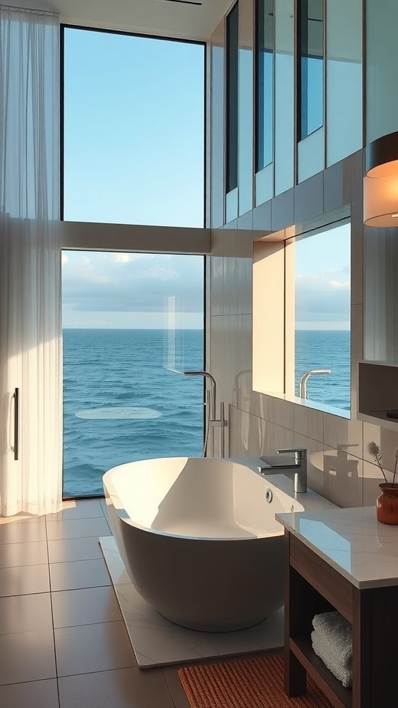 Luxuriöses Badezimmer mit Meerblick und kreativer Beleuchtung