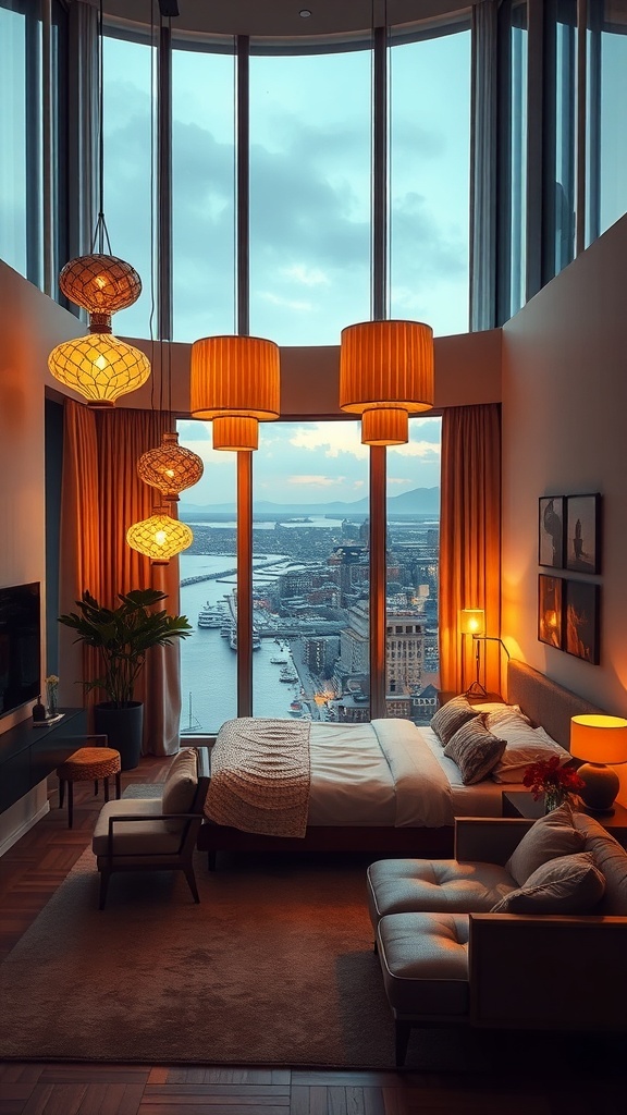 Ein stilvoll eingerichtetes Schlafzimmer mit kreativen Beleuchtungskonzepten und Blick auf einen Hafen.