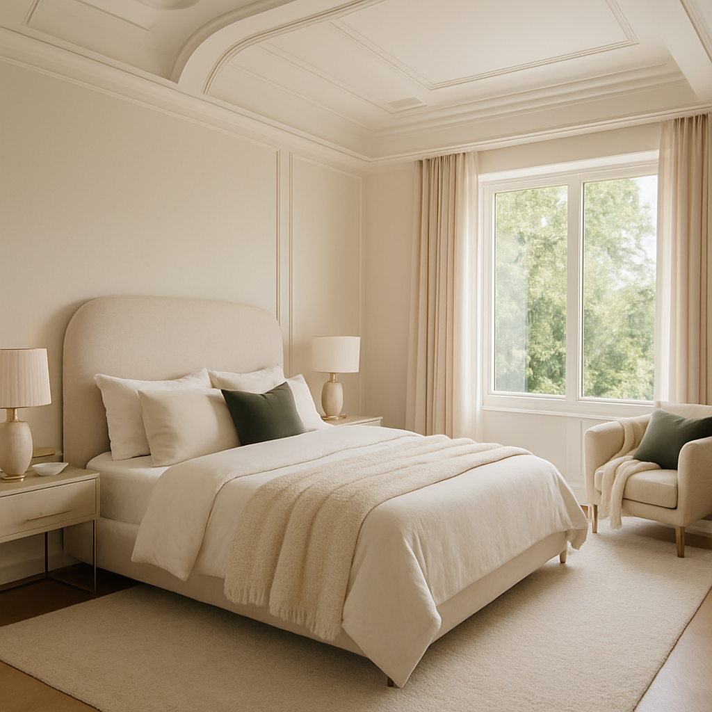 Ein elegantes Schlafzimmer mit hohen Decken, sanften Farben und stilvollen Möbeln.