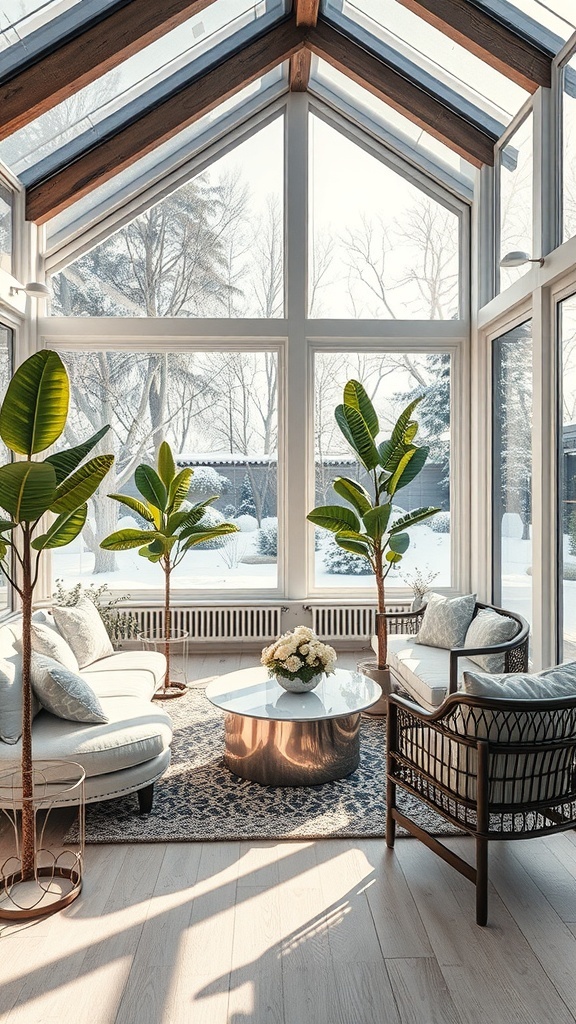 Moderner Wintergarten mit großen Fenstern, Pflanzen und gemütlichen Möbeln