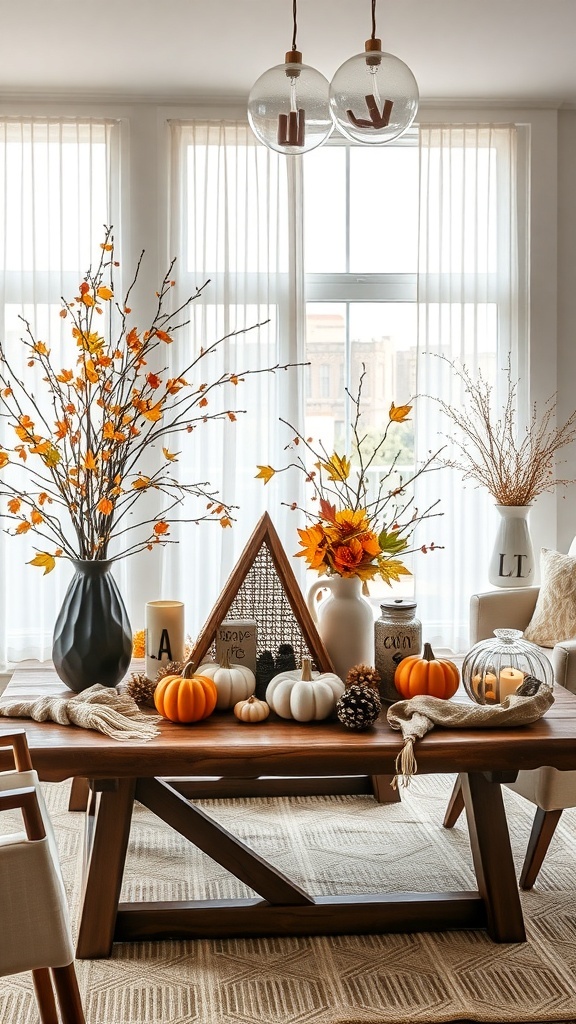 Herbstliche Dekoration mit Kürbissen, Blumen und warmen Farben in einem modernen Wohnraum