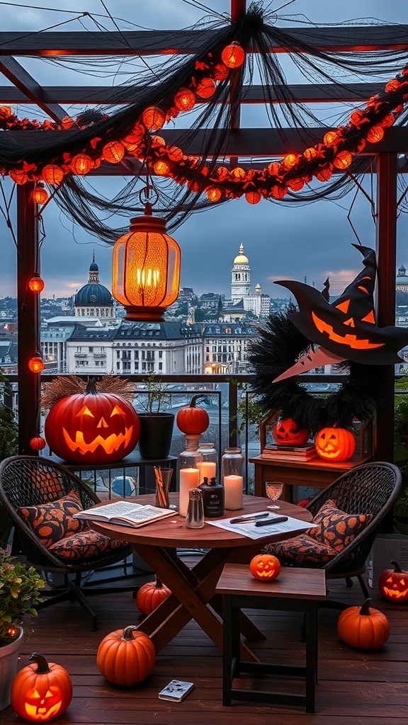 Dachterrasse dekoriert für Halloween mit Kürbissen, Kerzen und Lichtern.