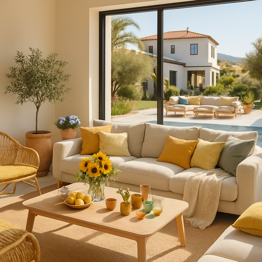 Helles Wohnzimmer mit Sofa, bunten Kissen und Blick auf den Garten