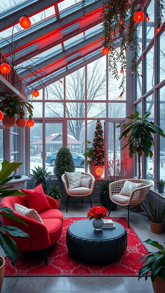 Moderner Wintergarten mit roten Akzenten, Pflanzen und großen Fenstern