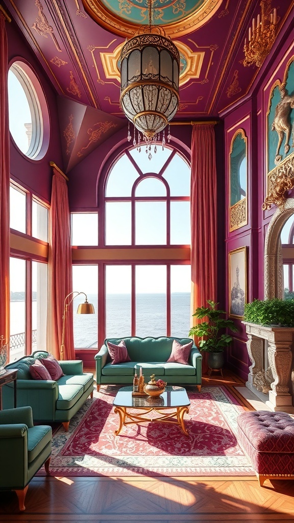 Ein luxuriös eingerichteter Raum mit purpurfarbenen Wänden, türkisen Sofas und goldenen Akzenten.