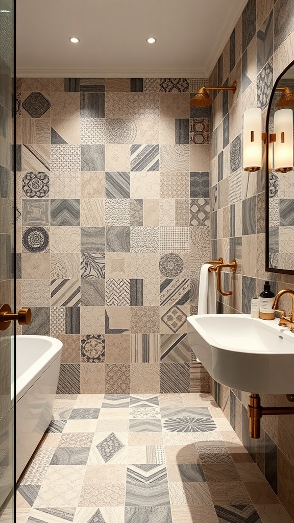 Modernes Badezimmer mit kreativen Fliesenmustern in Erdtönen.