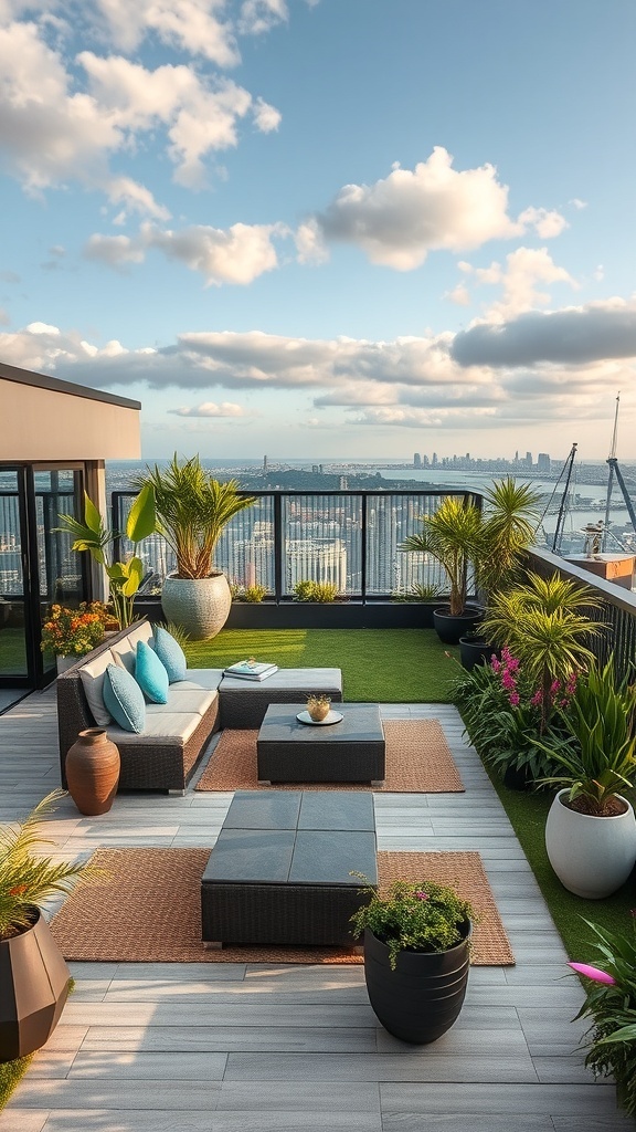 Eine stilvolle Dachterrasse mit modernen Möbeln und vielen Pflanzen, die eine persönliche Note verleihen.