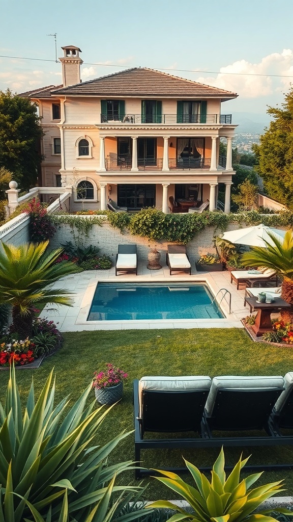 Ein luxuriöser Garten mit einem Pool, Liegen und üppigen Pflanzen.