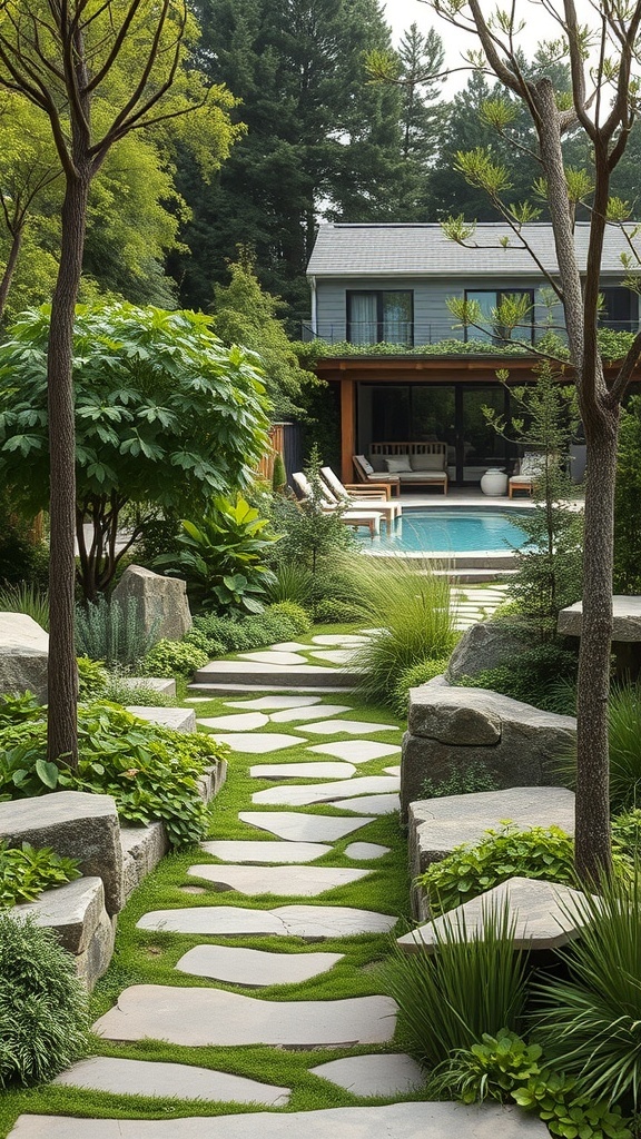 Ein Gartenweg aus großen Steinen, umgeben von grünen Pflanzen und einem Pool im Hintergrund.