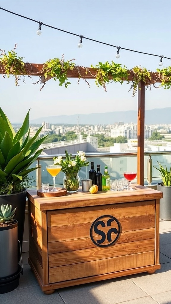 Holz Getränke-Station auf einer Dachterrasse mit Cocktails und Pflanzen