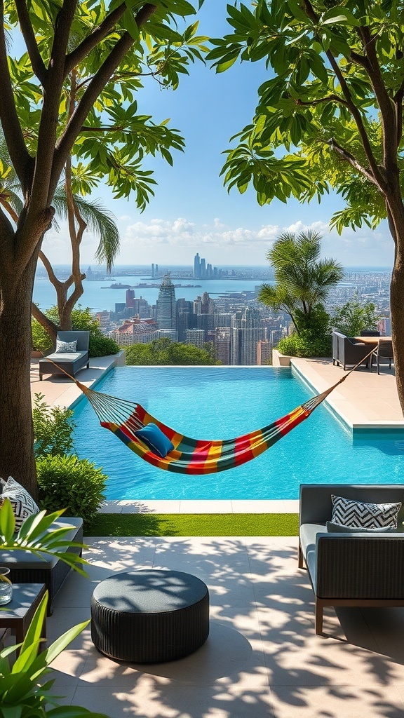 Bunte Hängematte zwischen Bäumen mit Blick auf einen Pool und die Stadt