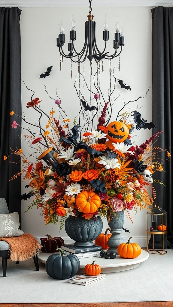 Kreatives Halloween-Blumengesteck mit Kürbissen und bunten Blumen