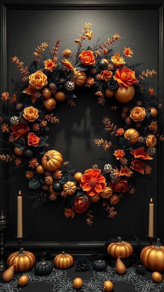 Ein kreativer Halloween-Türkranz mit orangefarbenen Blumen, schwarzen Kürbissen und dekorativen Elementen auf einem dunklen Hintergrund.
