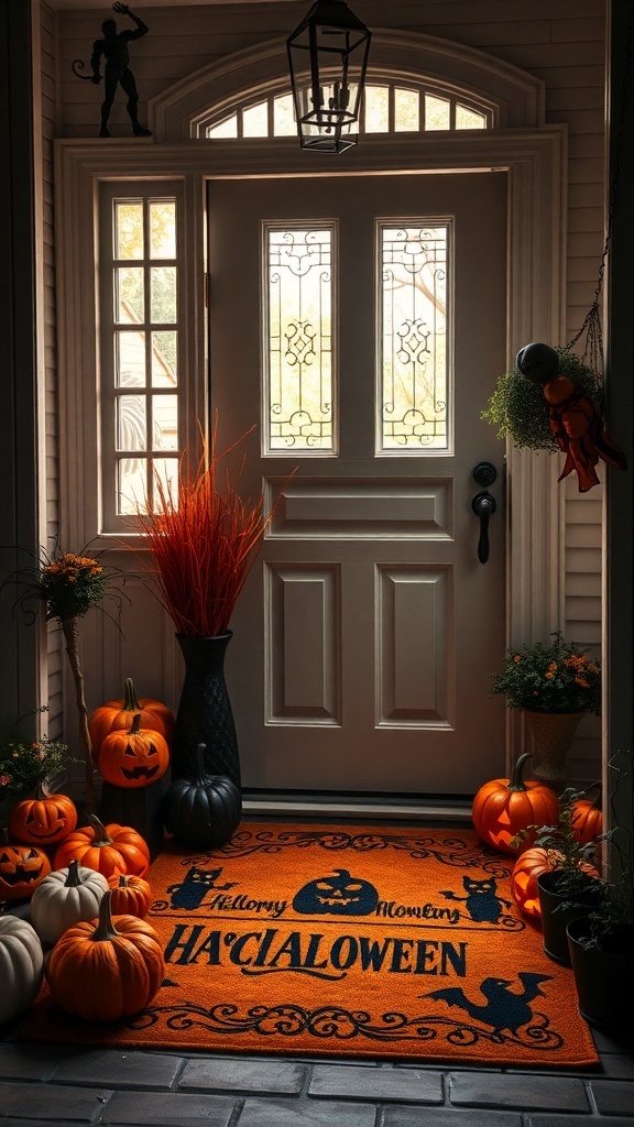 Eine Halloween-Türmatte in Orange mit Kürbissen und einer fröhlichen Botschaft, umgeben von weiteren Kürbissen auf der Veranda.