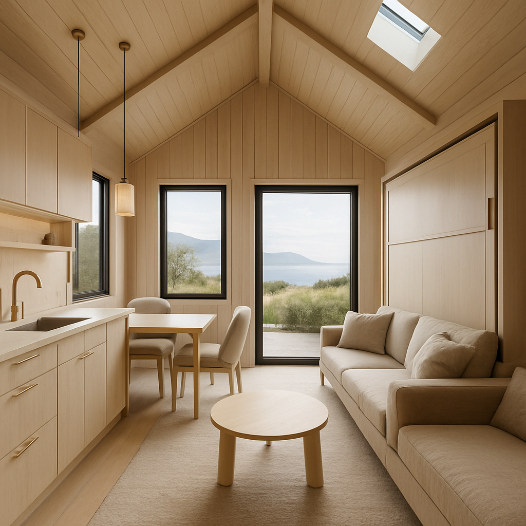 Modernes Tiny House mit heller Holzgestaltung und großen Fenstern