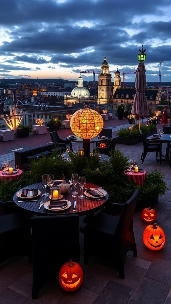 Eine Dachterrasse mit vielen geschnitzten Kürbissen und einer Person in einem Hexenkostüm unter dem Vollmond.