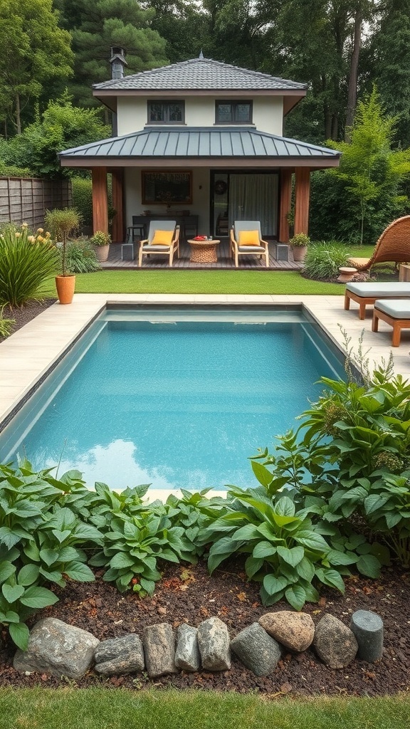 Ein schöner Garten mit einem Pool, umgeben von Pflanzen und einem modernen Haus im Hintergrund.