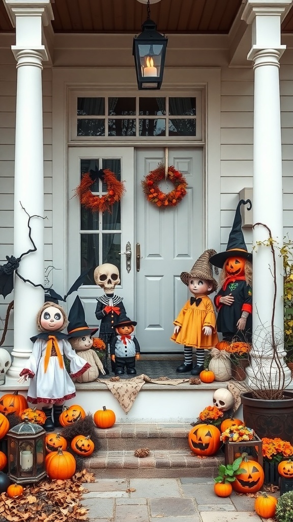 Eine Halloween-Veranda mit verschiedenen Kostümfiguren, Kürbissen und Dekorationen.