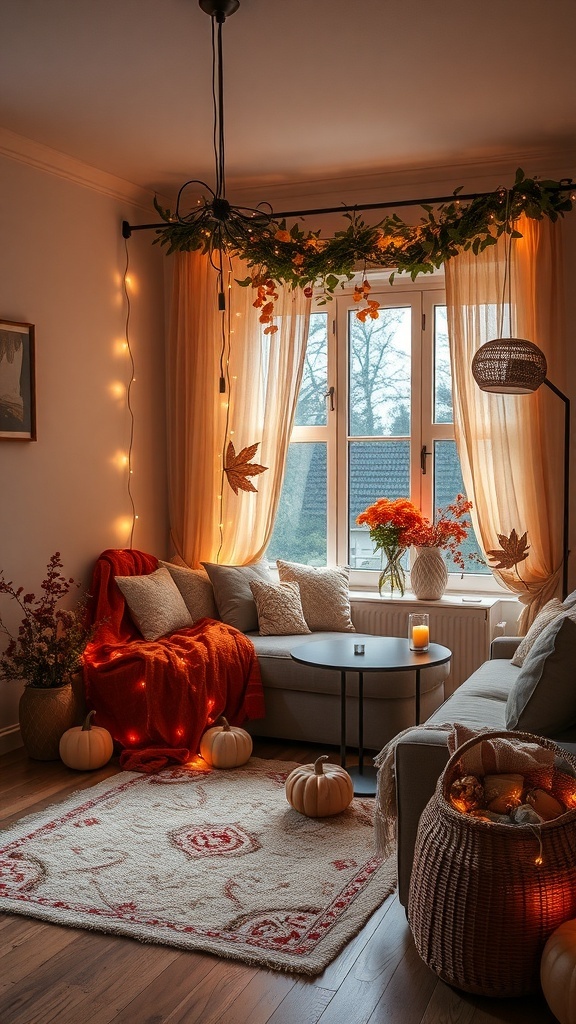 Gemütlicher Raum mit Lichterketten, Kürbissen und herbstlicher Dekoration