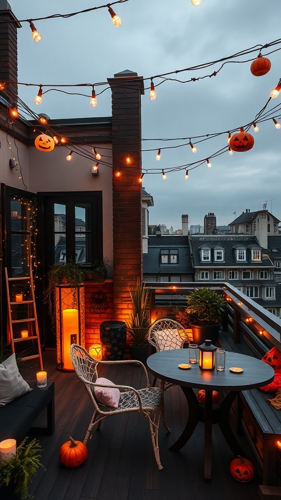 Eine stilvolle Dachterrasse mit Lichterketten und Halloween-Dekoration