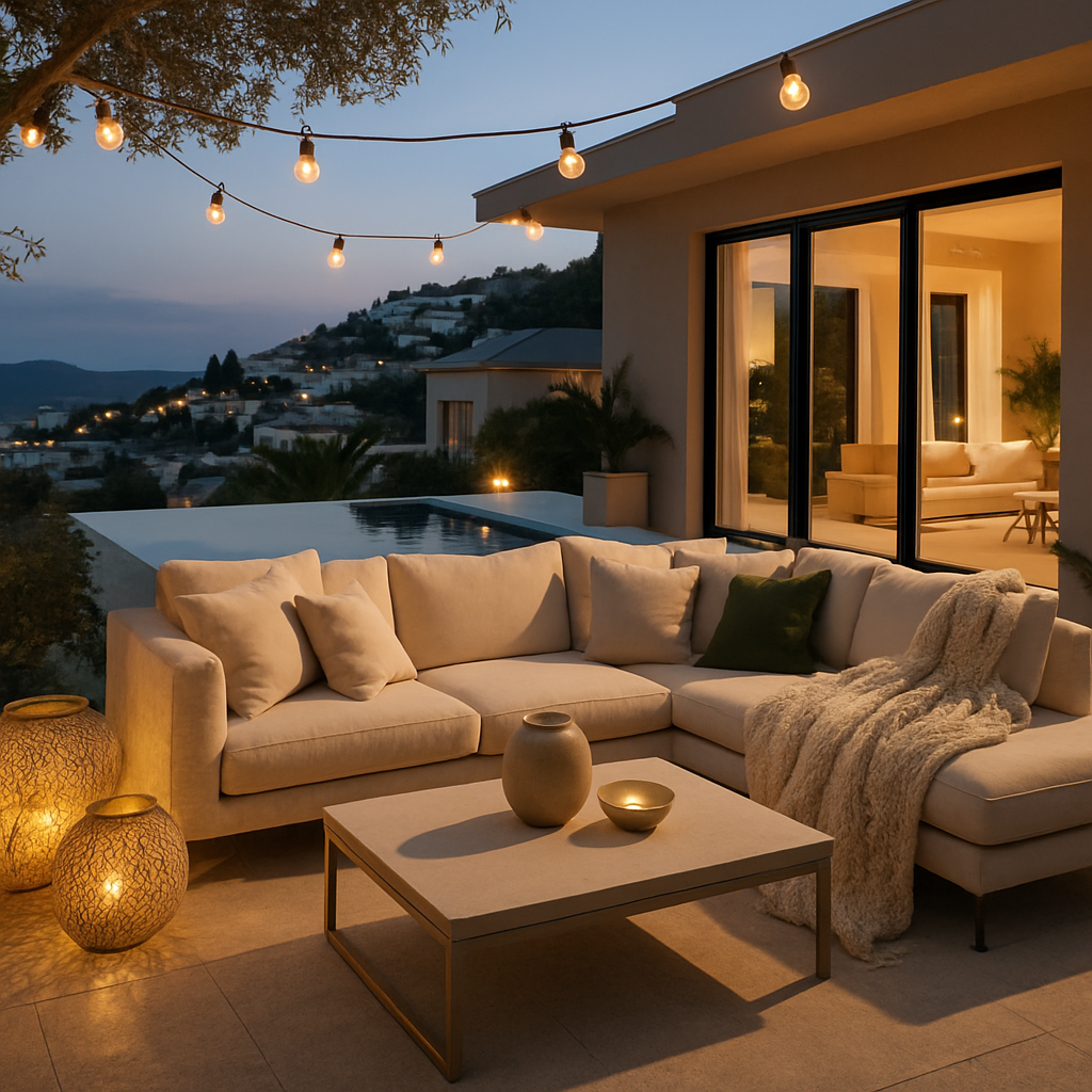Eine stilvolle Outdoor-Lounge mit Lichtern und gemütlicher Einrichtung bei Abenddämmerung.