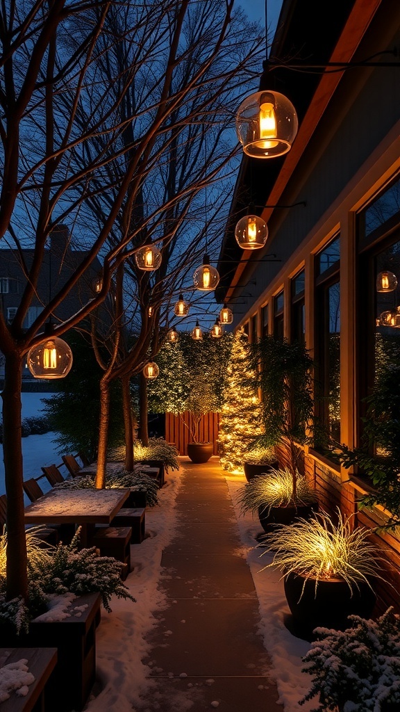 Beleuchtete Passage in einem Wintergarten mit schneebedecktem Boden und Pflanzen