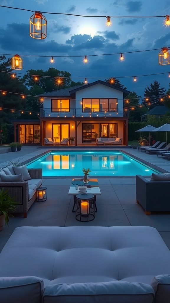 Eine Terrasse mit einem beleuchteten Pool und warmen Lichtern für Sommerabende.