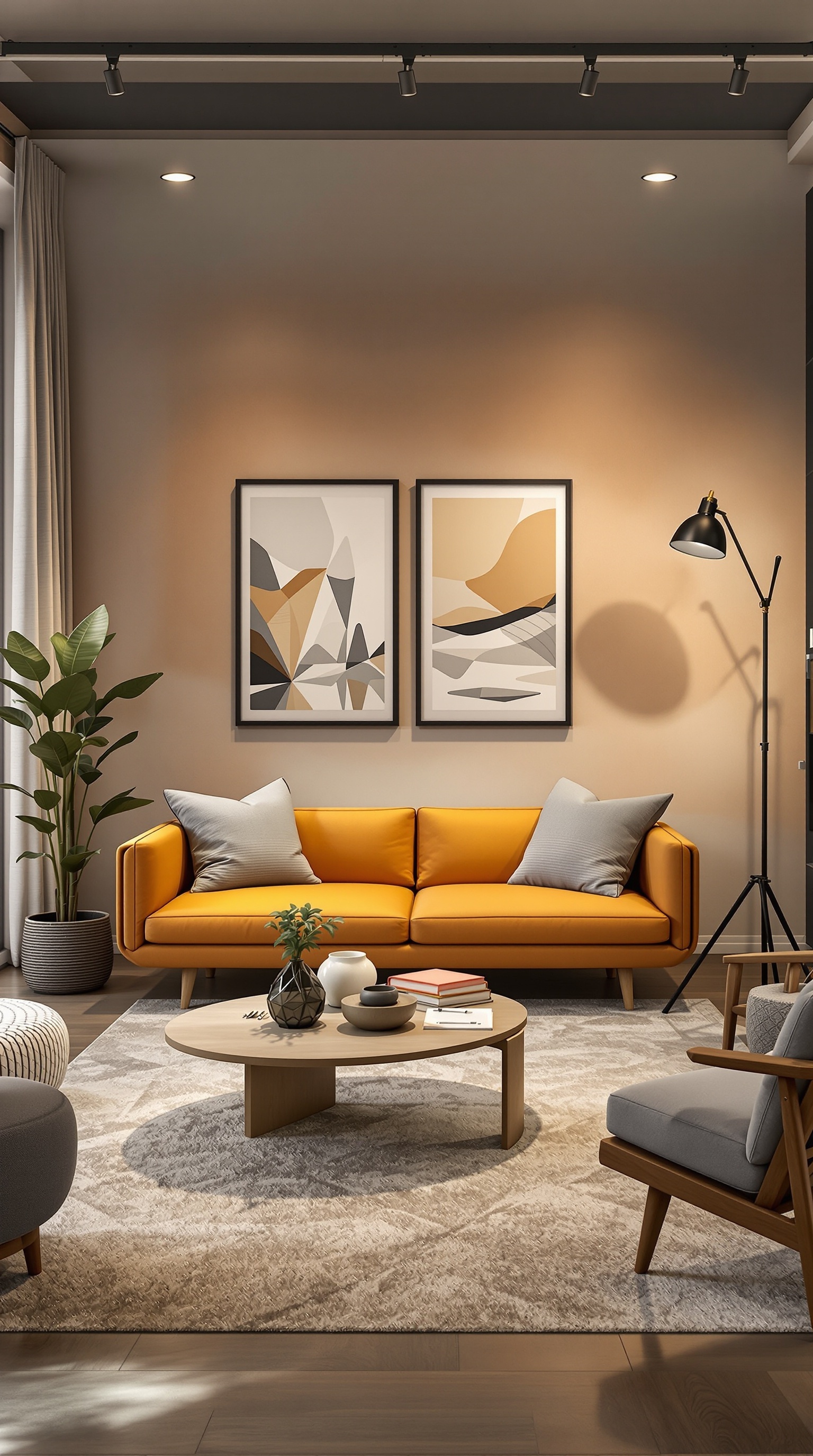 Ein stilvolles Wohnzimmer mit hellem Sofa, runden Couchtisch und Pflanzen.