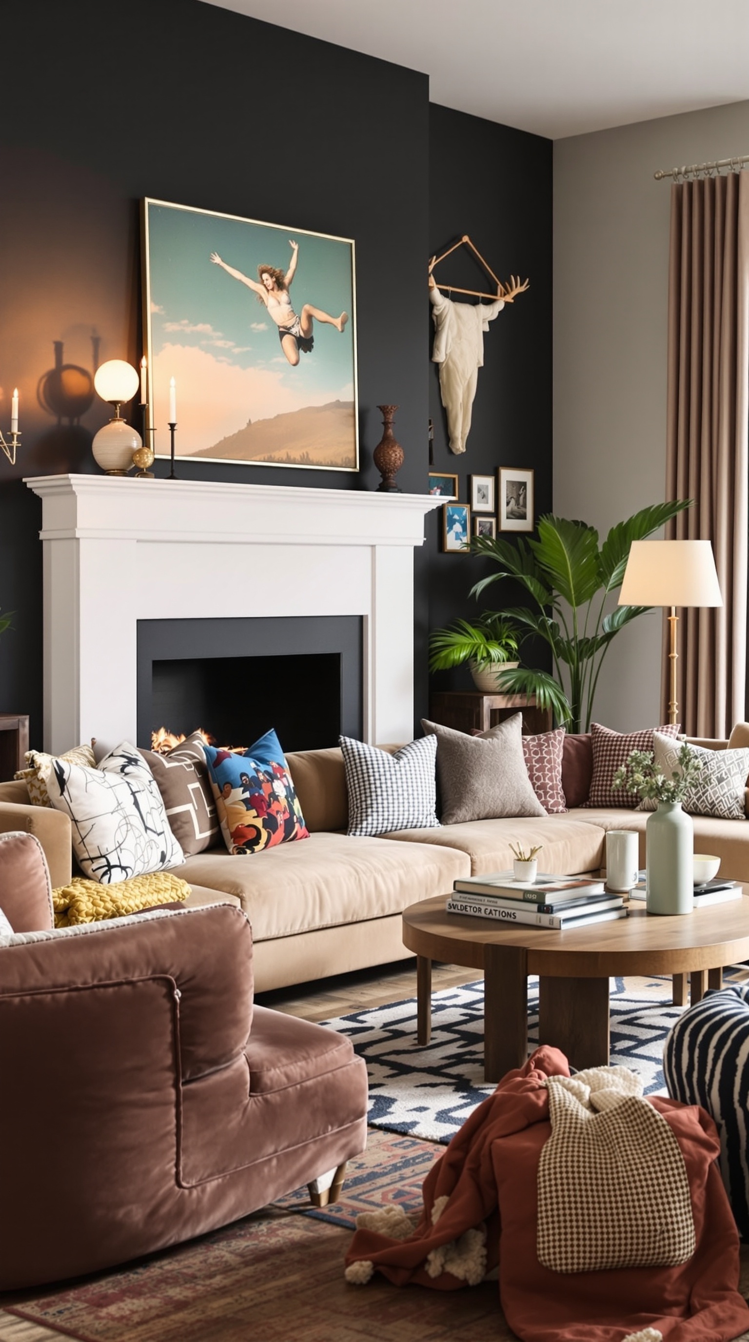 Ein elegantes Wohnzimmer mit großen Fenstern, luxuriösen Möbeln und einem Kronleuchter.