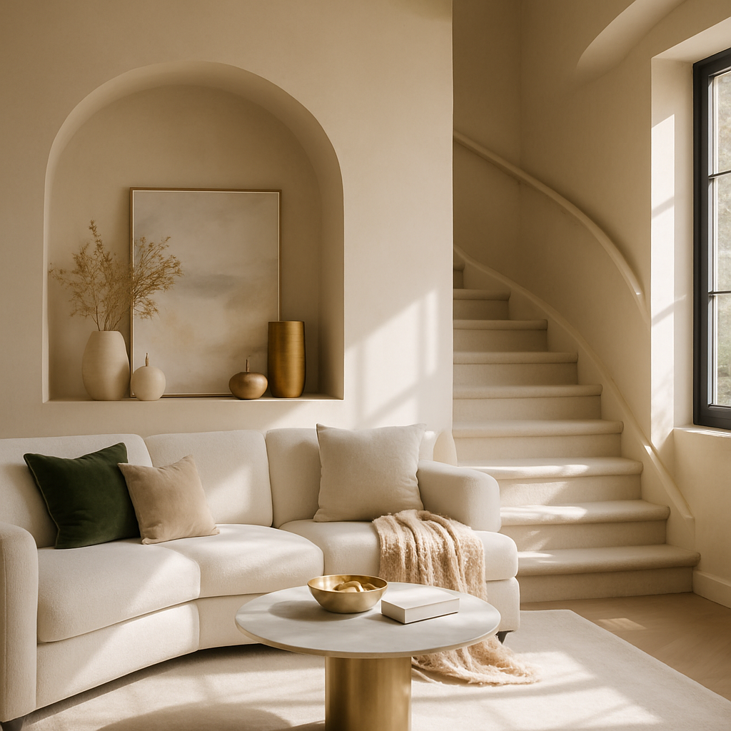 Ein stilvolles Wohnzimmer mit einem gemütlichen Sofa, einer Nische mit Vasen und einem runden Tisch.