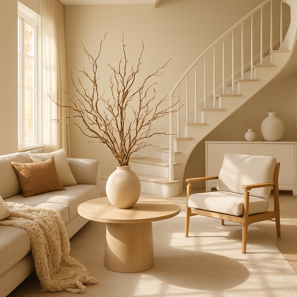 Ein Wohnzimmer mit einem Ast in einer Vase, einem runden Tisch und einem beigen Sofa.