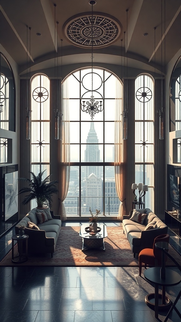 Luxuriöses Art Deco Wohnzimmer mit großen Fenstern und eleganten Möbeln