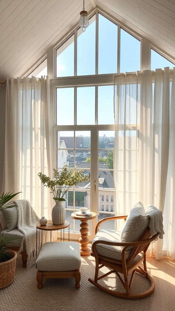 Ein gemütlicher Raum mit großen Fenstern, sanften Vorhängen und rustikalen Möbeln, die Licht und Schatten kreativ nutzen.