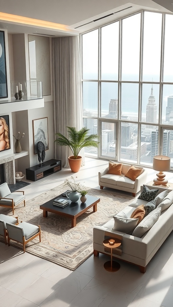 Ein stilvolles Wohnzimmer mit großen Fenstern, modernen Möbeln und Kunstwerken an den Wänden.