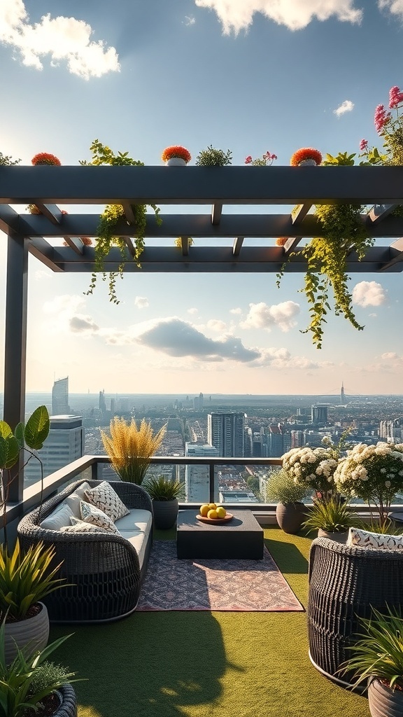Ein stilvoller Dachgarten mit gemütlichen Sitzgelegenheiten und vielen Pflanzen, der eine beeindruckende Aussicht auf die Stadt bietet.