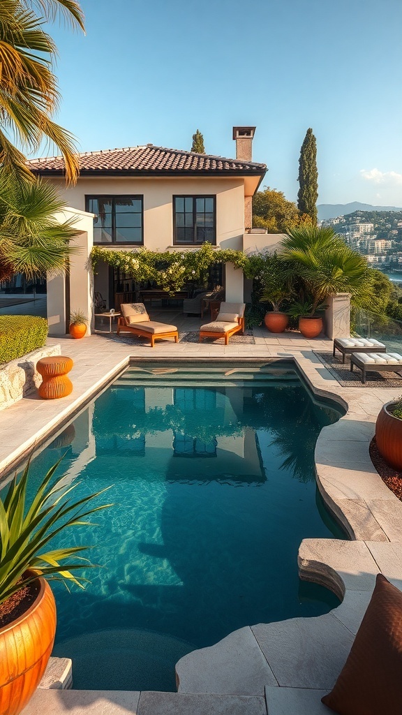 Ein schöner Swimming Pond mit Pflanzen und Liegen in einer sonnigen Umgebung