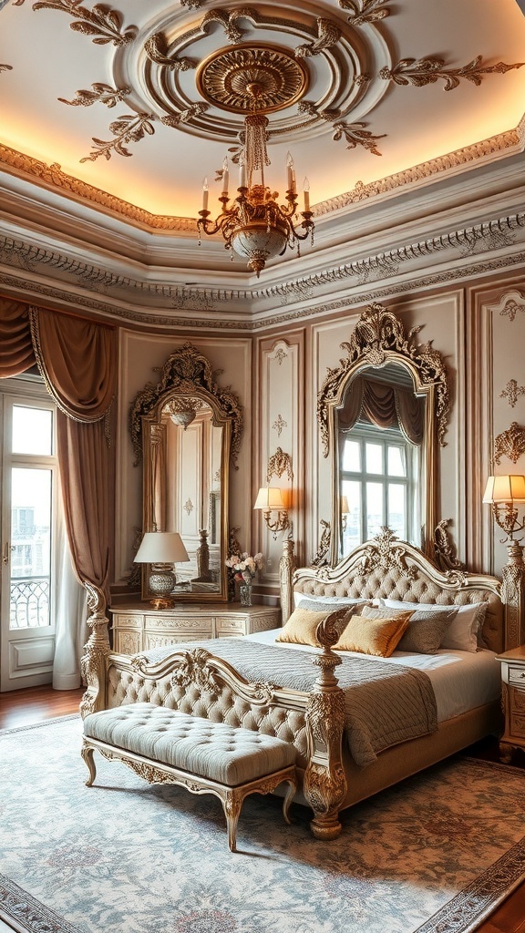 Luxuriöses Rococo Schlafzimmer mit kunstvollen Spiegeln und goldenen Akzenten
