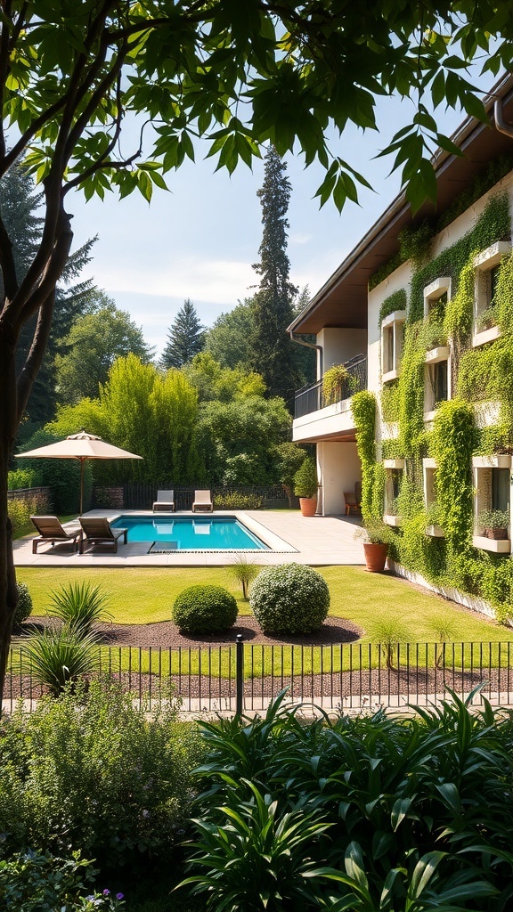 Eine Villa mit einem Pool, umgeben von grünen Pflanzen und einem gepflegten Garten.