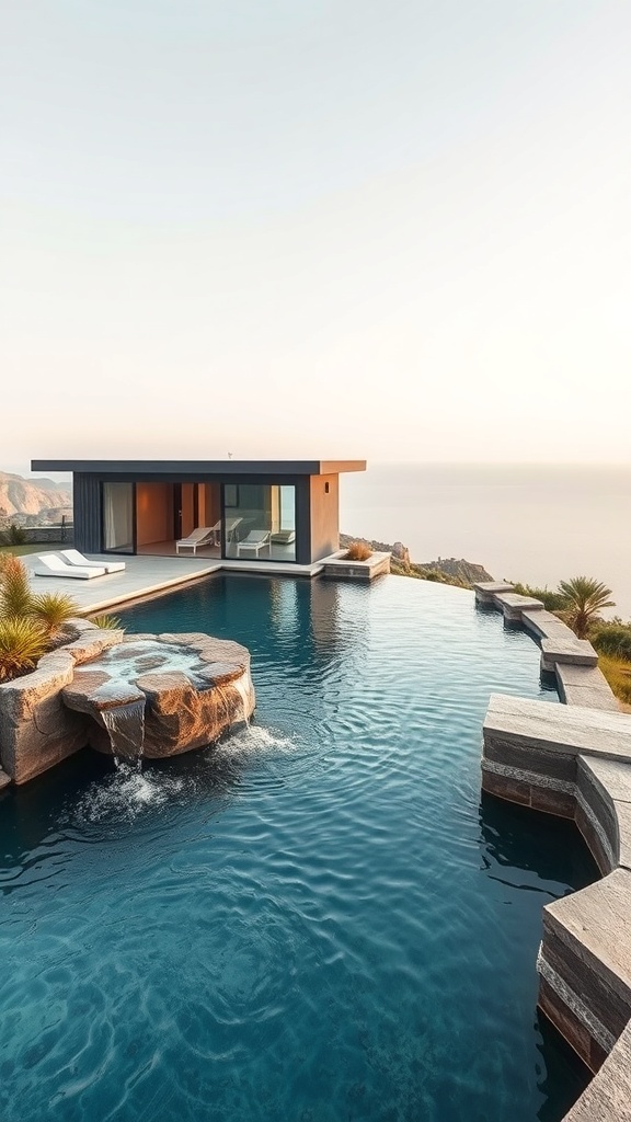 Ein moderner Naturpool mit Wasserfall und Blick auf die Landschaft.