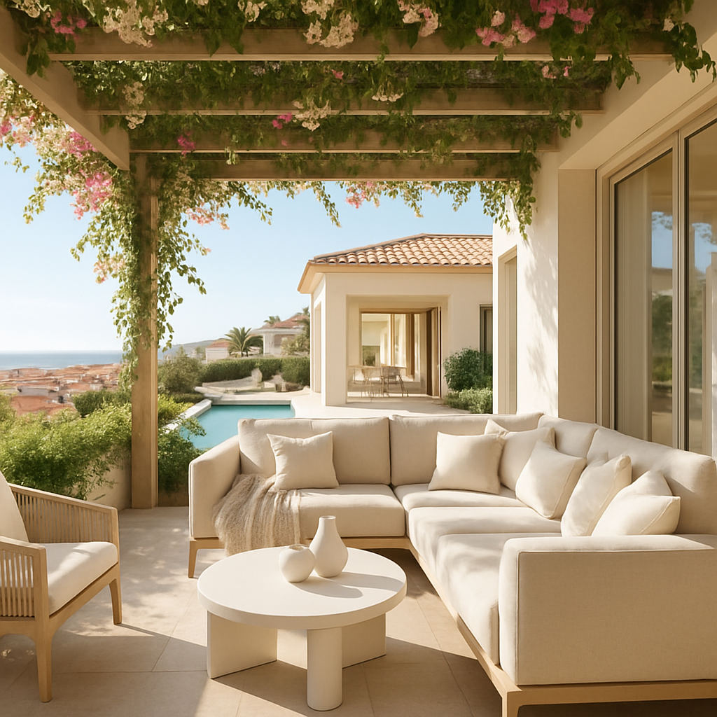 Eine moderne Terrasse mit einer blühenden Pergola, bequemen Möbeln und Blick auf einen Pool.