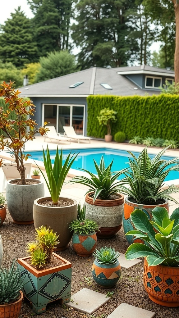 Bunte Pflanzgefäße aus Recyclingmaterial umgeben von verschiedenen Pflanzen am Pool.