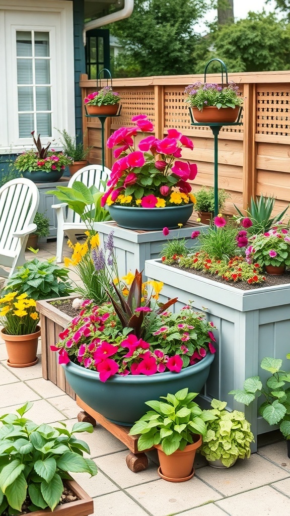 Bunte Pflanzgefäße und Hochbeete auf einer Terrasse mit verschiedenen Blumen und Pflanzen.