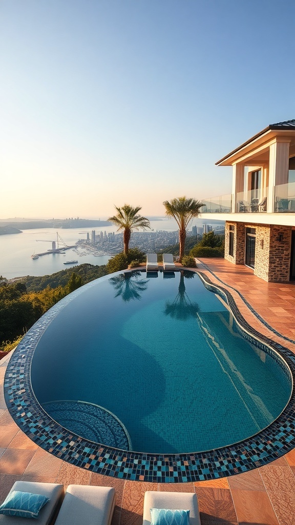 Ein runder Infinity-Pool mit Blick auf eine Stadtlandschaft und Palmen.