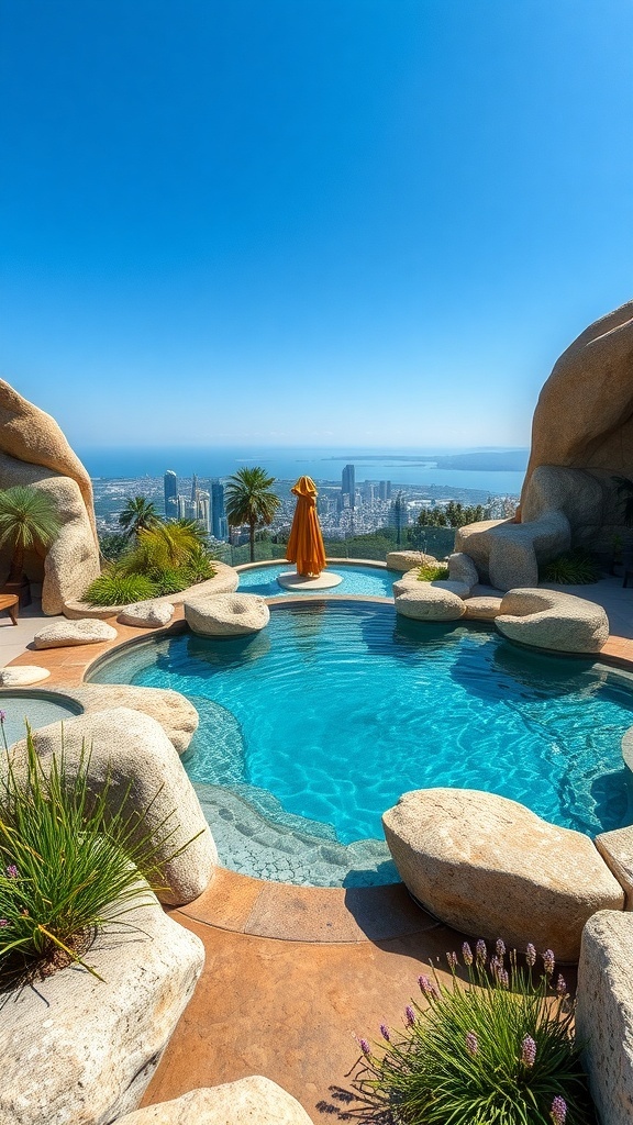 Kreative Poollandschaft mit Steinformationen und Blick auf die Stadt