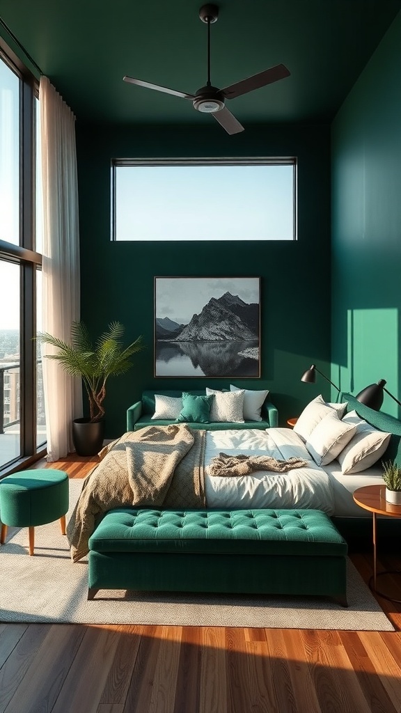 Dunkelgrünes Schlafzimmer mit kreativer Raumaufteilung und natürlichem Licht