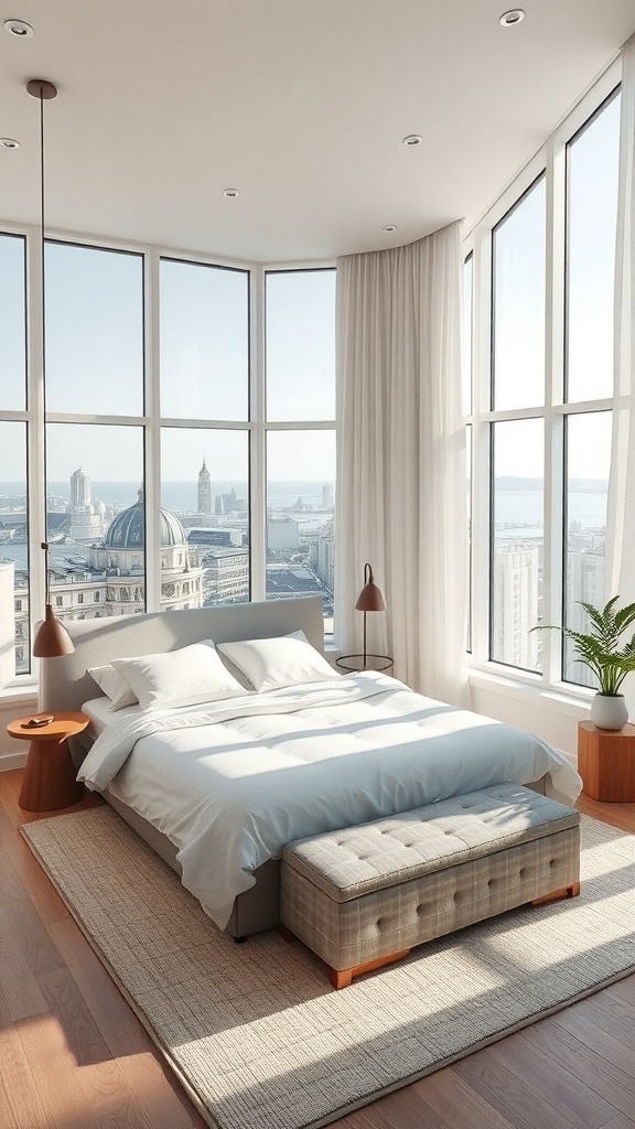 Modernes Schlafzimmer mit großen Fenstern und Blick auf die Stadt