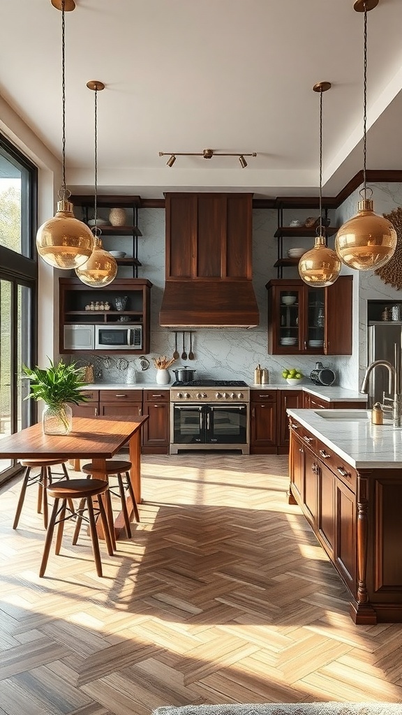 Eine maximalistische Küche mit dunklen Holzmöbeln, offenen Regalen und eleganten Pendelleuchten.