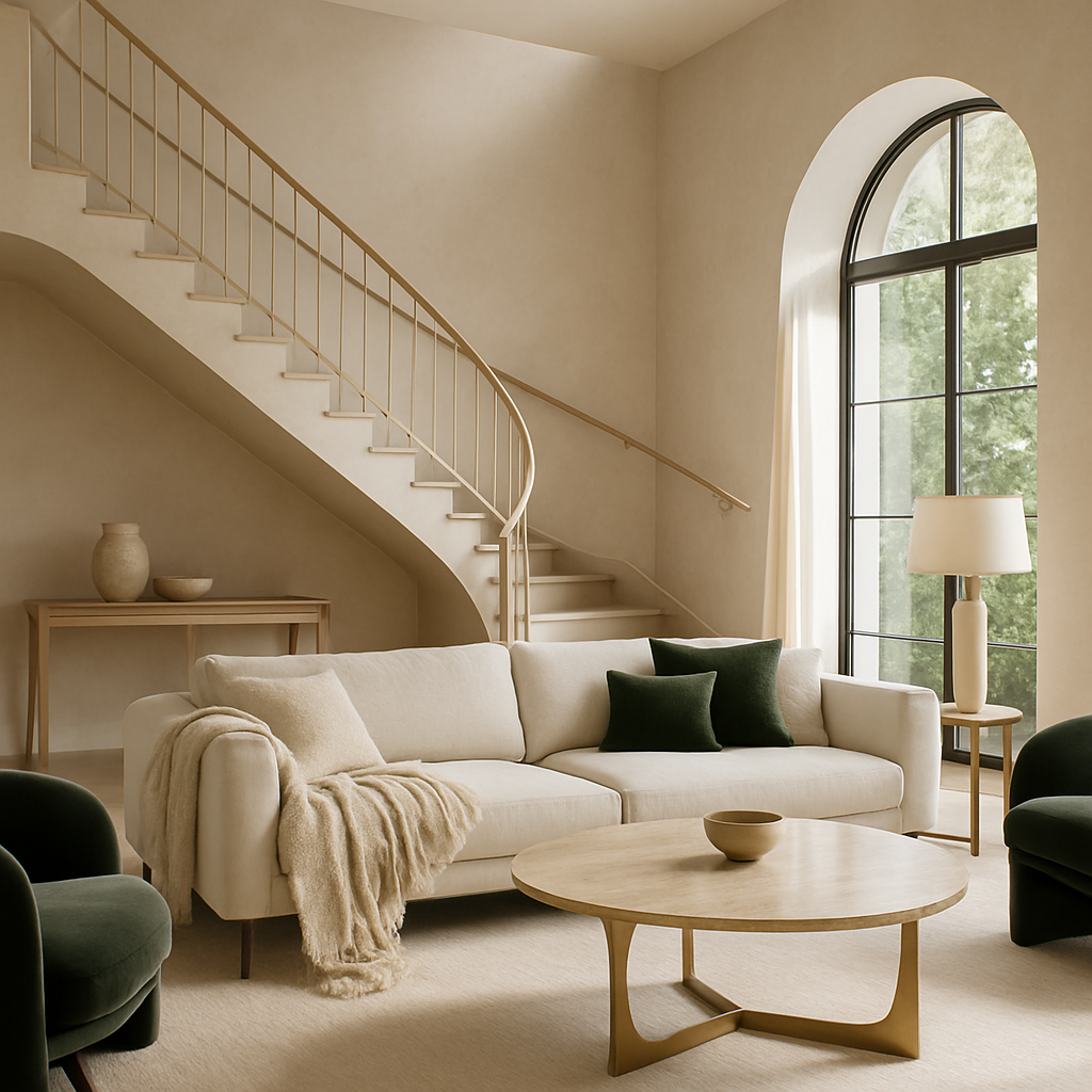 Ein stilvoll eingerichtetes Wohnzimmer mit einer geschwungenen Treppe, einem beigen Sofa, einem runden Holztisch und großen Fenstern.