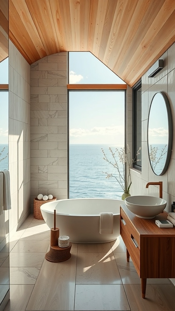Modernes Badezimmer mit Blick auf das Wasser, freistehende Badewanne und Holzdetails