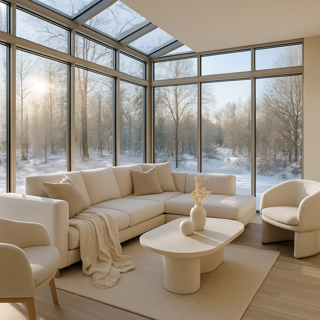 Moderne Wintergarten mit großen Fenstern, hellem Sofa und stilvollen Möbeln